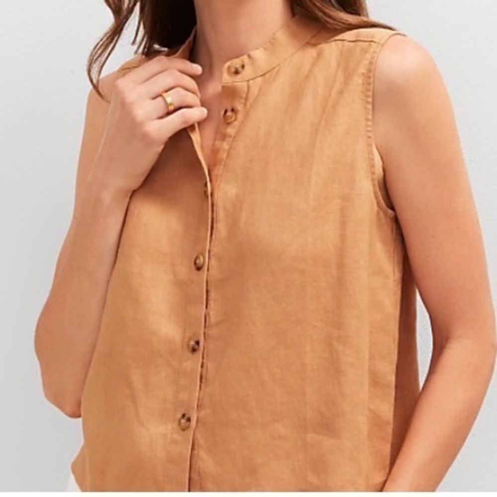 Ann Taylor Linen Sleeveless Top Womens MP Tan Button Down Mandarin Collar Boho